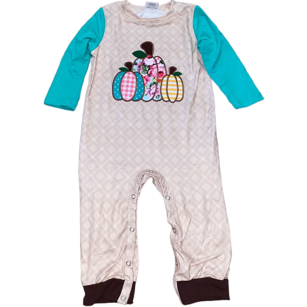 Honey Dew USA floral and polka dot Pumpkin applique Romper size 18m
